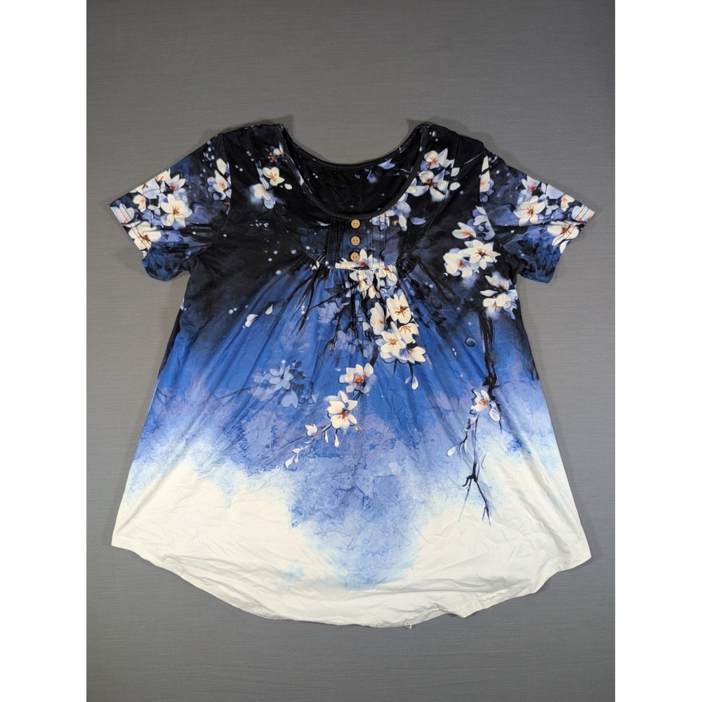 Womens Blue Ombre Floral Short Sleeve Tunic Top with Wooden Buttons Size M